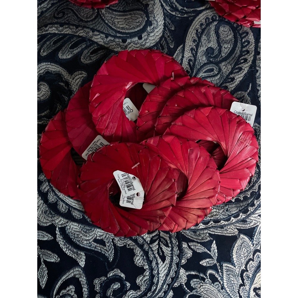 Crate & Barrel Napkin Rings Tropic Palm‎ Natural lot 8 red Handmade raffia NEW